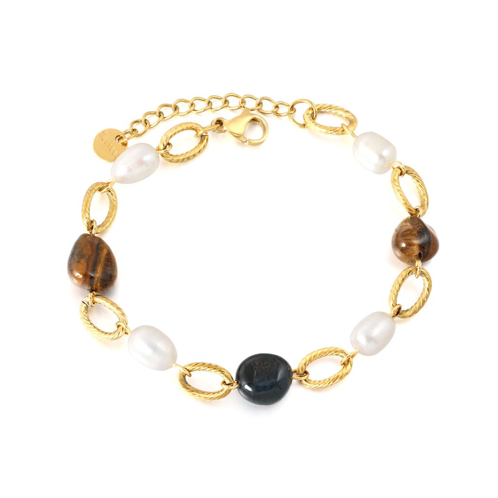 Minimalist Oval Tiger's Eye Stone Freshwater Pearl Bracelet Stainless Steel Gold-Plated Bohemian Bracelet Jewelry for Women