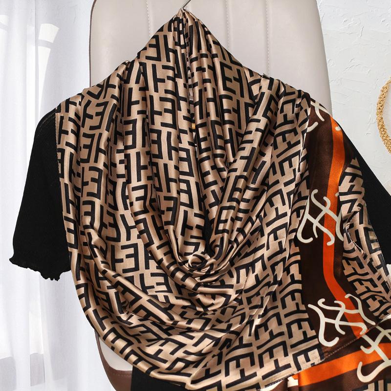 New Imitation Silk Printed Silk Scarf for Women  Versatile Geometric Sun Protection Beach Towel Ethnic Style Decoration Gauze Shawl