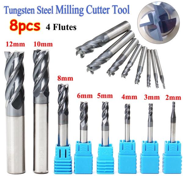 8pcs 4 Flutes Straight Shank Tungsten Steel Milling Cutter Tool CNC 2-12mm Carbide End Mill Set