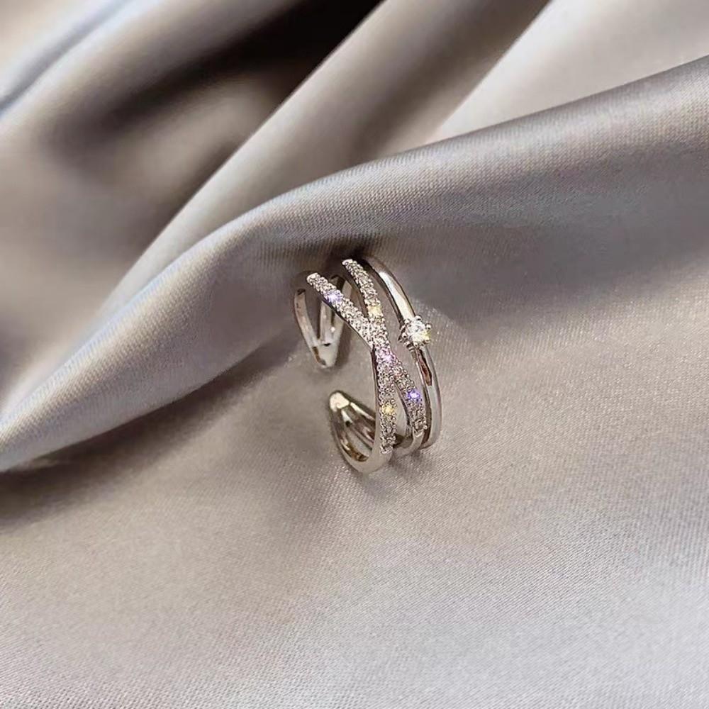 Elegant Zircon Crossed Rings Luxury Plain Ring Exquisite Crystal Finger Rings  For Girls