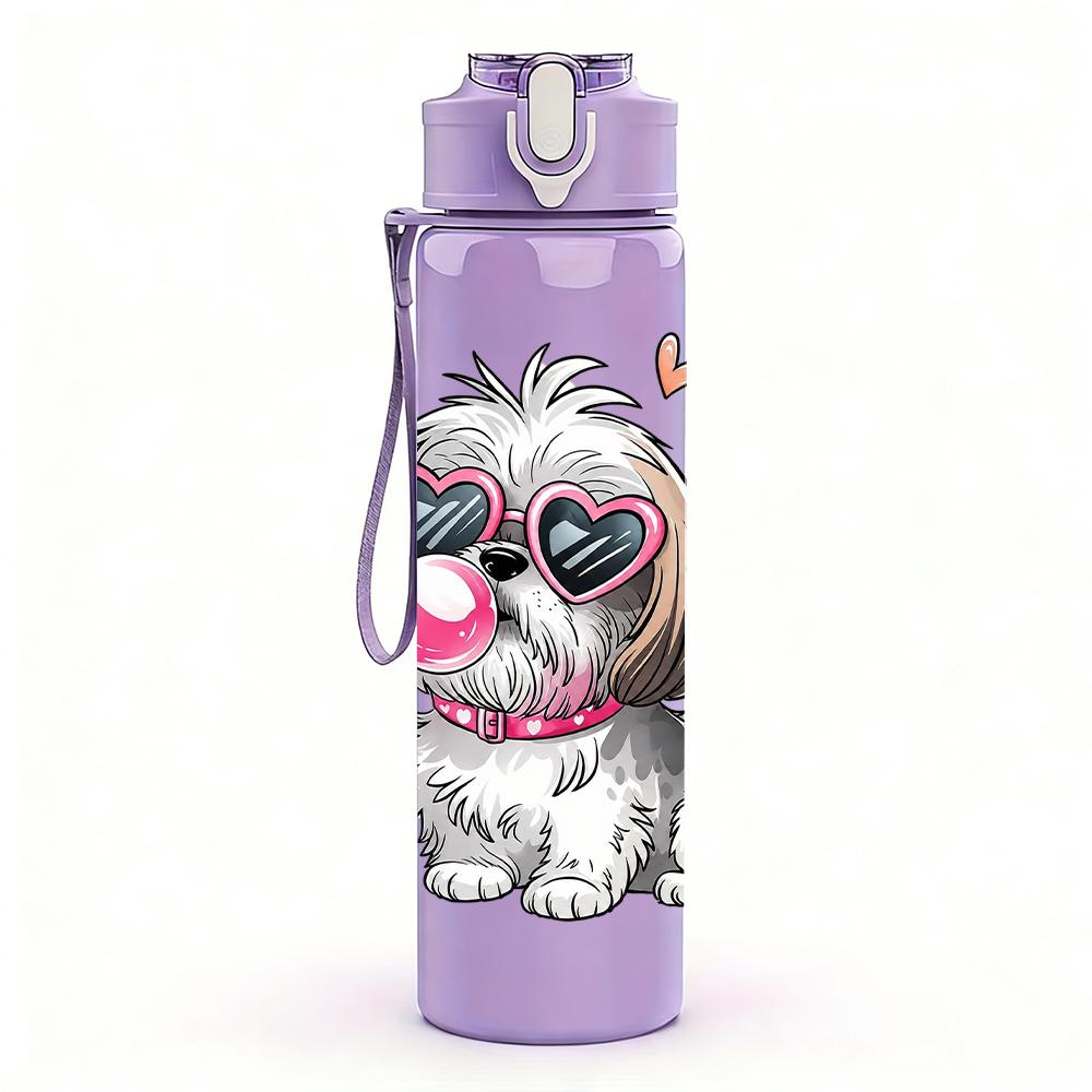 1PC Pink Heart Poodle Dog Graphic,750ml Color Plastic Sports Water Bottle,Leakproof Flip Straw Lid,Suitable for Sports Office Home Use