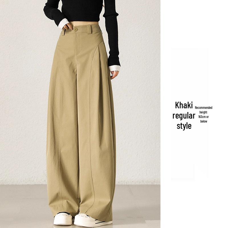 Women's High-Waisted Khaki Wide-Leg Pants with Side Pleats - Slimming, Trendy Fashion for Spring & Autumn 2025