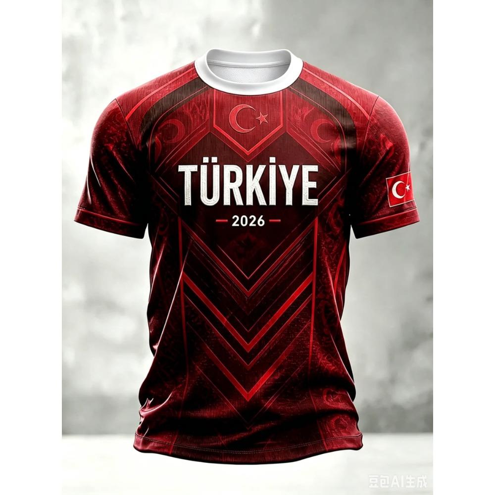 Türkei Fußballtrikot Rot Vollprint TÜRKIYE Halbmondstern Abzeichen Goldene Linie Ärmelmanschette Sportfan Kurzarm Unisex Oberteile Kleidung
