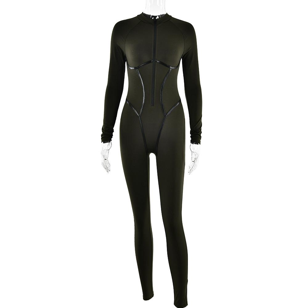Leather-Split Design, Sports-Style Sexy Long-Sleeve Jumpsuit