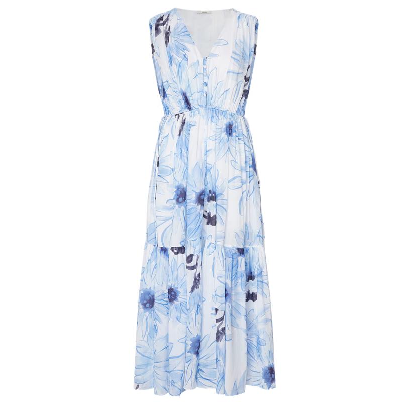 

Women s V-Neck Ink Wash Print Cotton Linen Sleeveless Dress S