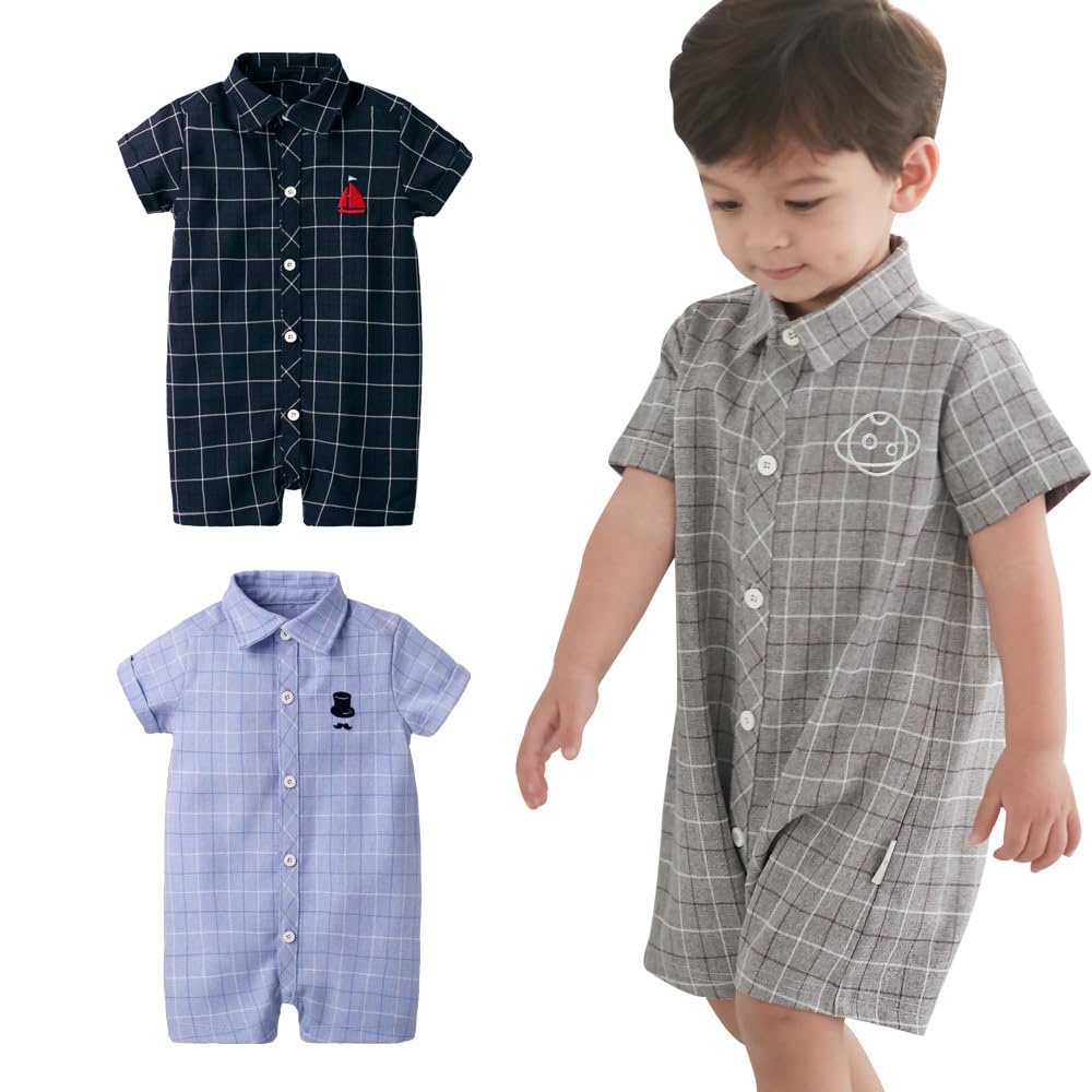 Baby Romper with Front Checkered Baby 100 HY02 [SEIWARAKU] Collar, Cute, Opening, One-Piece, Pattern, Stylish, Pajamas, Shower, Days, Wedding,