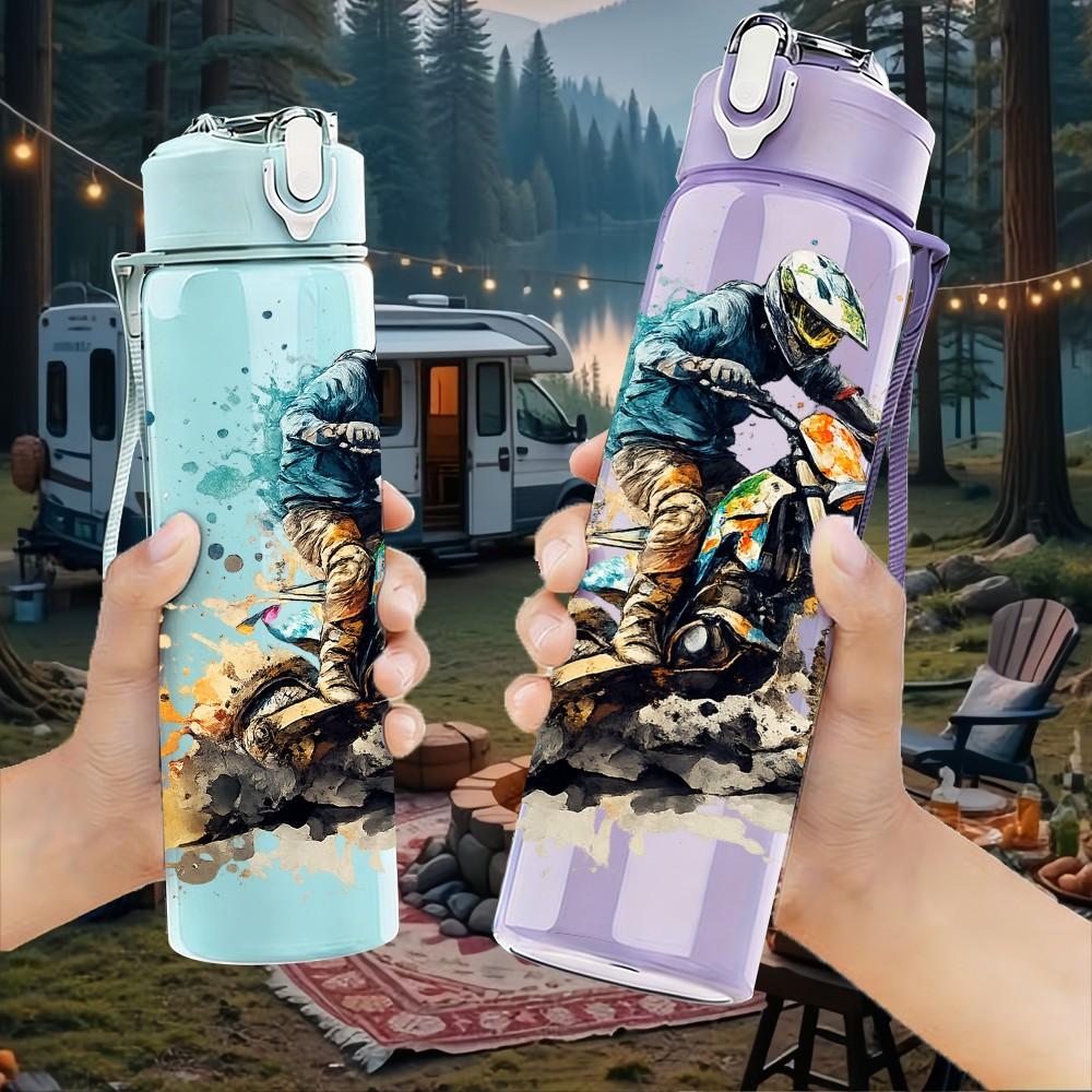 1PC Off Road Motorcycle Rider Print 750ml Color Plastic Sports Water Bottle Leakproof Flip Straw Lid Suitable for Sports Office Home Use