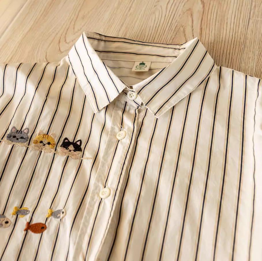 Spring 2026 Trendy Cartoon Cat Embroidered Striped Long Sleeve Lapel Shirt for Women