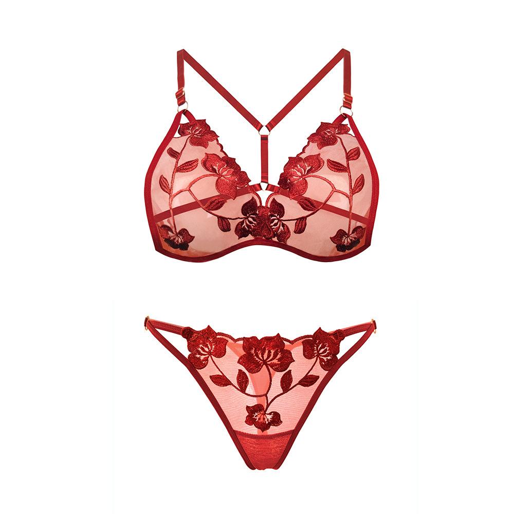 Women’s Lace Embroidery Sexy Underwear Set Adjustable Bra/panties Mesh See Through Lingerie Set Breathable Soft Comfortable Lingerie Set for Female