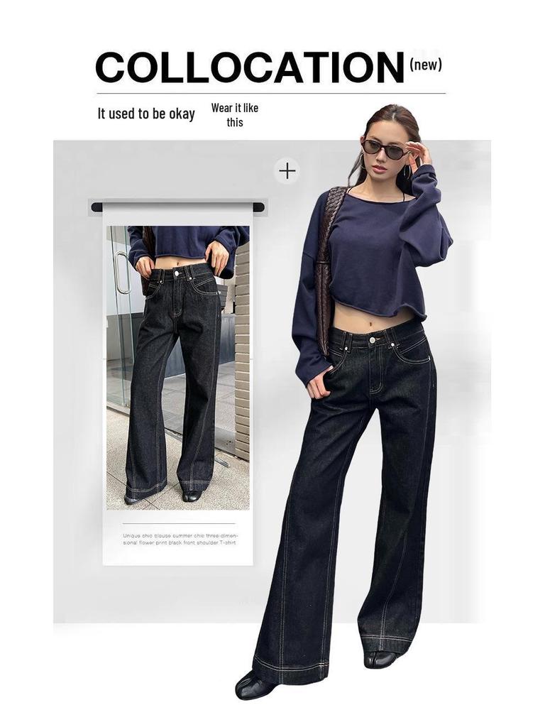 Damspecifika Högmidjade Retro Jeans med Kontraststygn och Vida Ben