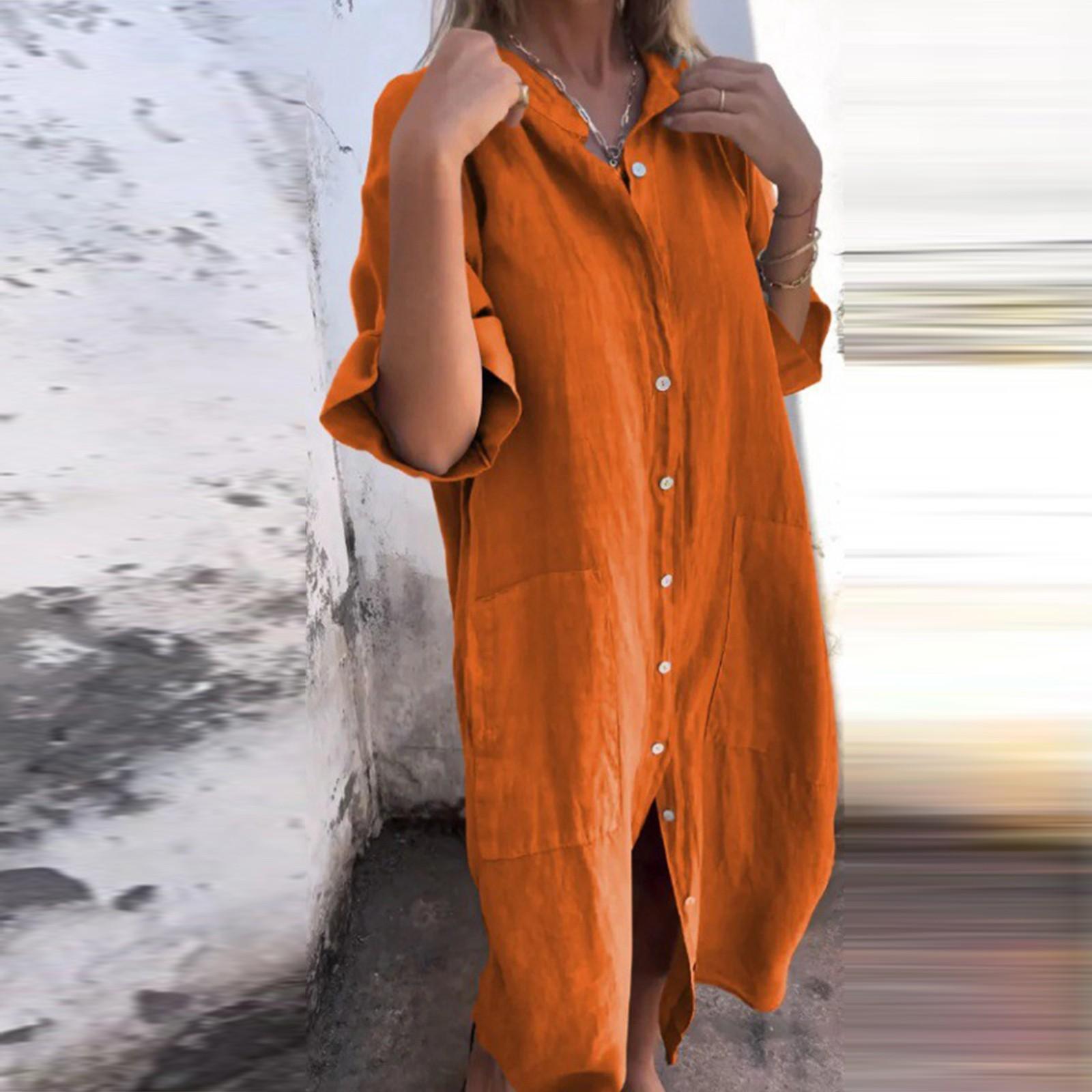 

Женское свободное повседневное однотонное хлопковое льняное платье-рубашка со средними рукавами XXL