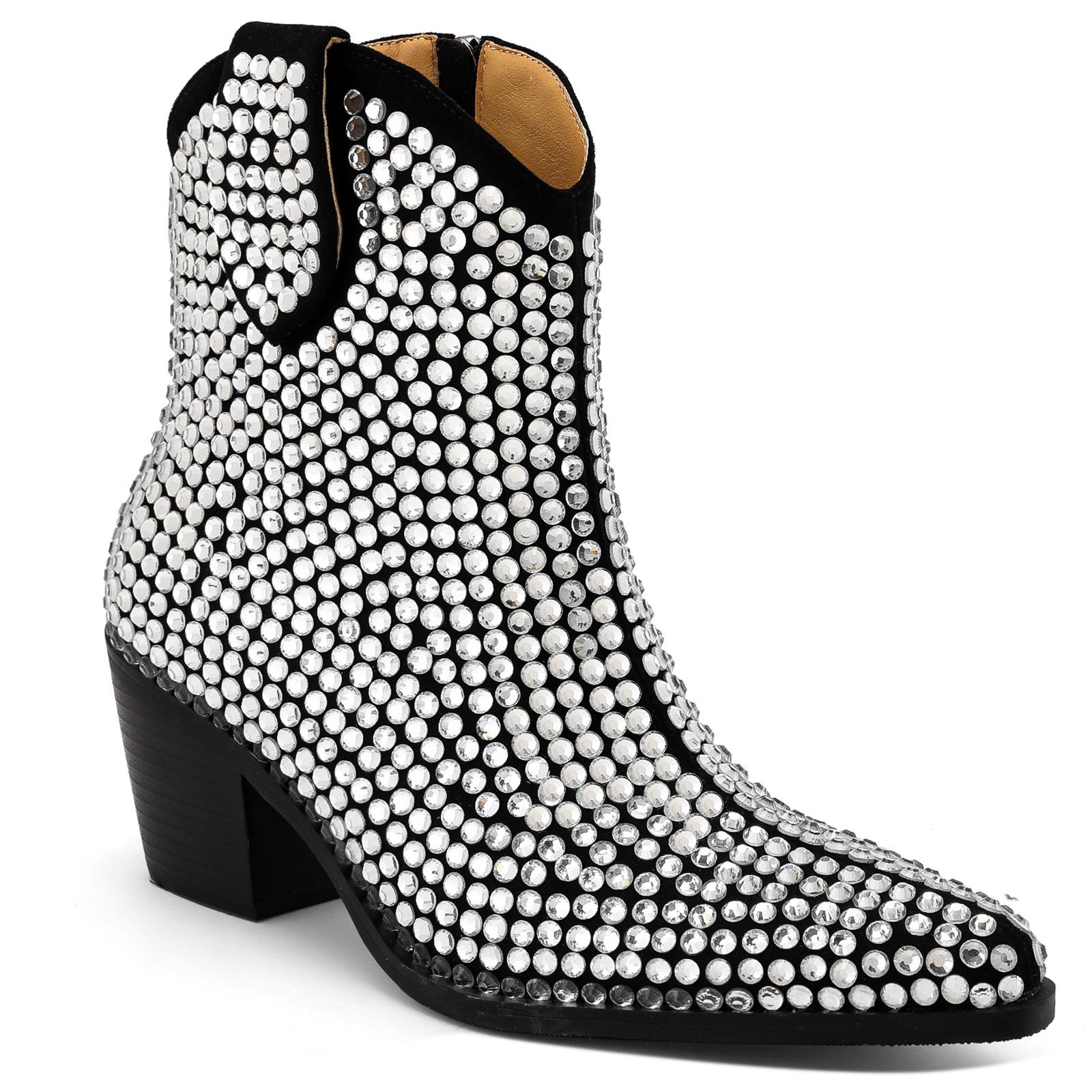 

Новые туфли на высоком каблуке с острым носком, толстые каблуки с молниями по бокам в виде бриллиантов, модные короткие ботинки, уличные модные туфли, женские ботинки больших размеров 35 чёрный