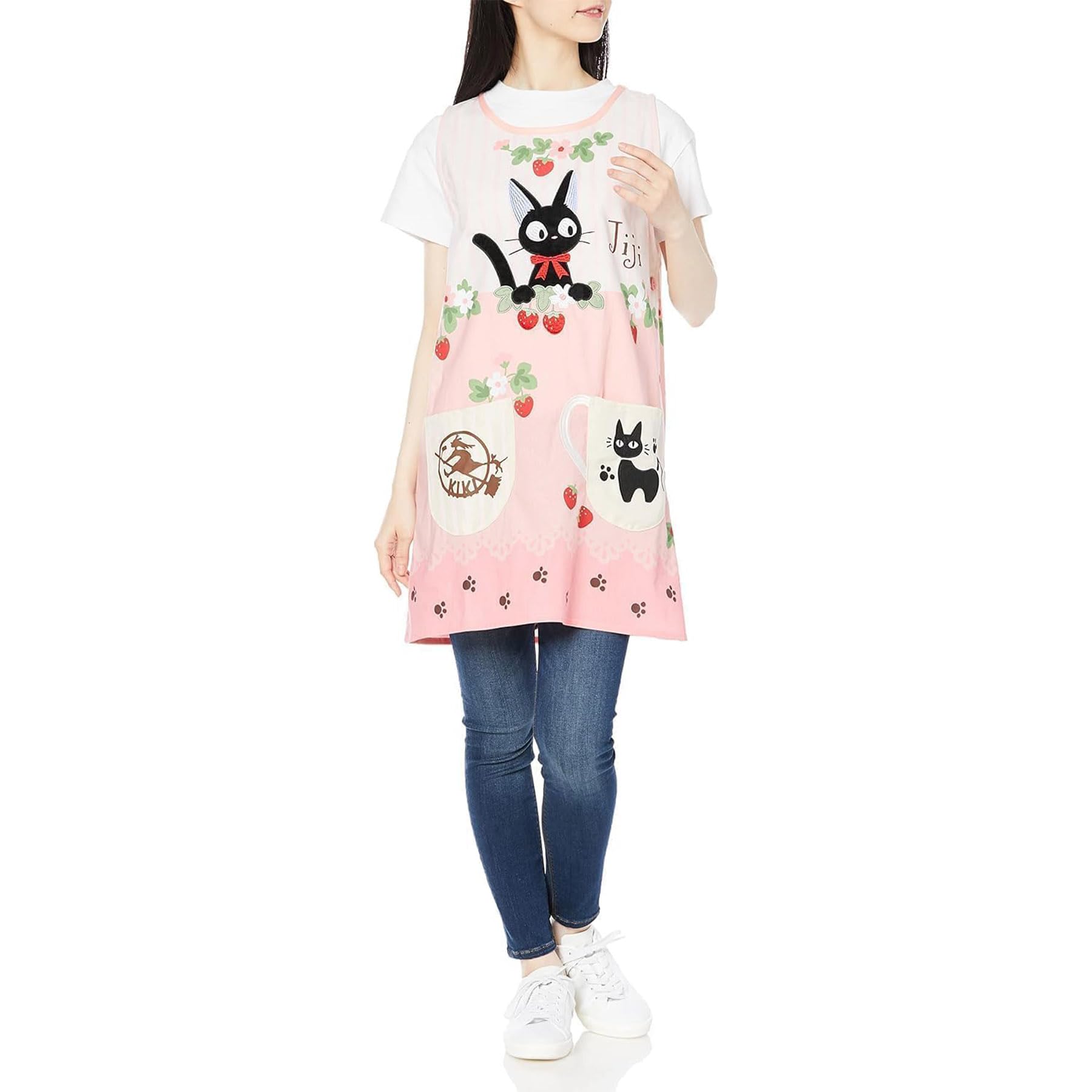

Marushin Ghibli Apron for Women - Kiki s Delivery Service Jiji and Strawberry Character Design - Cute Adult Size - Campus Style - Suitable for Nursery