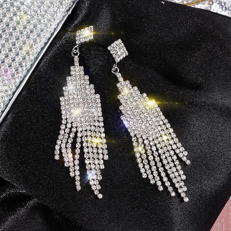 Silver Needle Diamond Flower Water Drop Tassel Earrings Exaggerated Earrings Light Luxury Premium Earrings Women