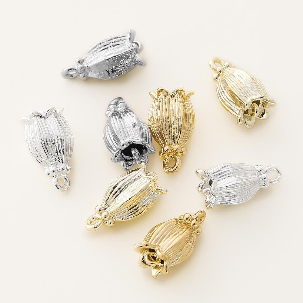 4PCS/lot 8x14MM 14K 18K Gold Color Brass 2 Holes Lily Flower Charms Bead Pendants High Quality DIY Jewelry Making Accessories