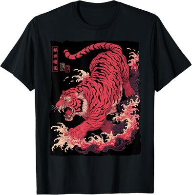 Röd japansk tiger Ukiyo e Våg Grafisk T-shirt Herr Casual Bomullstryck T-shirt