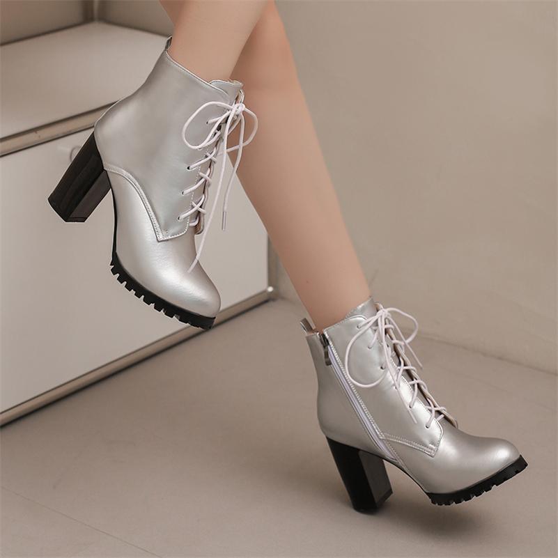 ANNYMOLI Women Ankle Boots Pointed Toe Block High Heels Lace-up Zipper Short Boots Ladies Fashion Shoes Autumn Winter 46