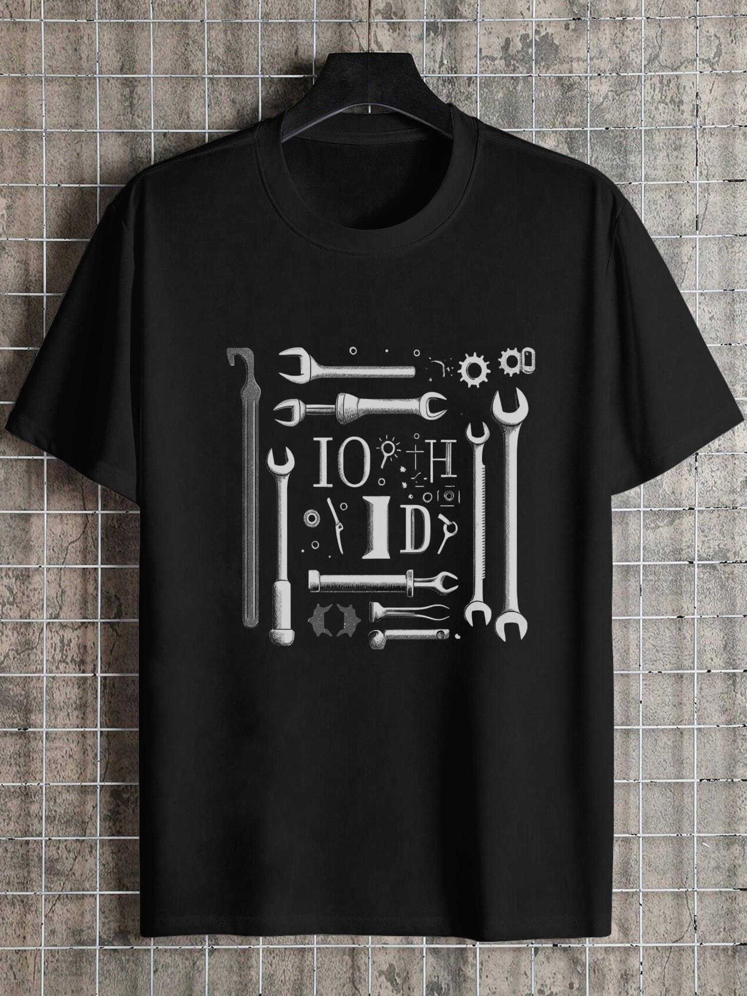 

1pc Vintage Tools Graphic T-shirt - 180g Cotton Crew Neck Short Sleeve Tee with Mechanical Gears & Wrenches Design XL