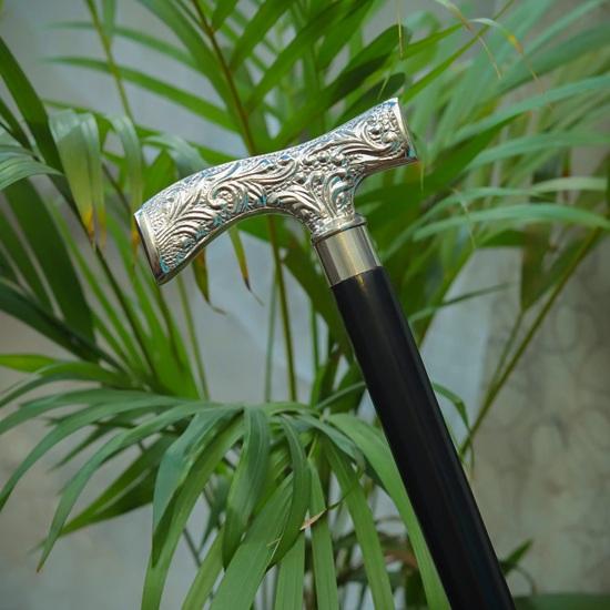 Engraved Silver-Tone Handle Walking Cane Elegant Black Wood Stick Birthday Gift