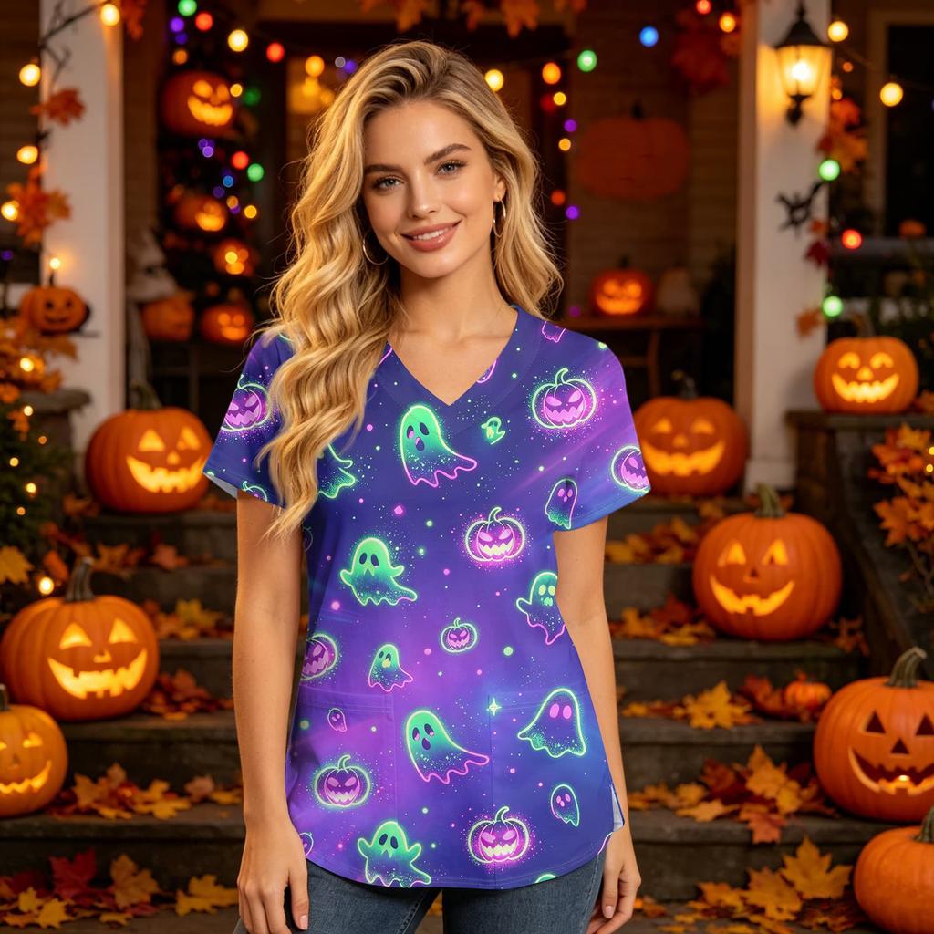 Women V Neck Short Sleeve Halloween Print Scrub Top with Pockets for Healthcare Work Uniforms Comfortable Fit