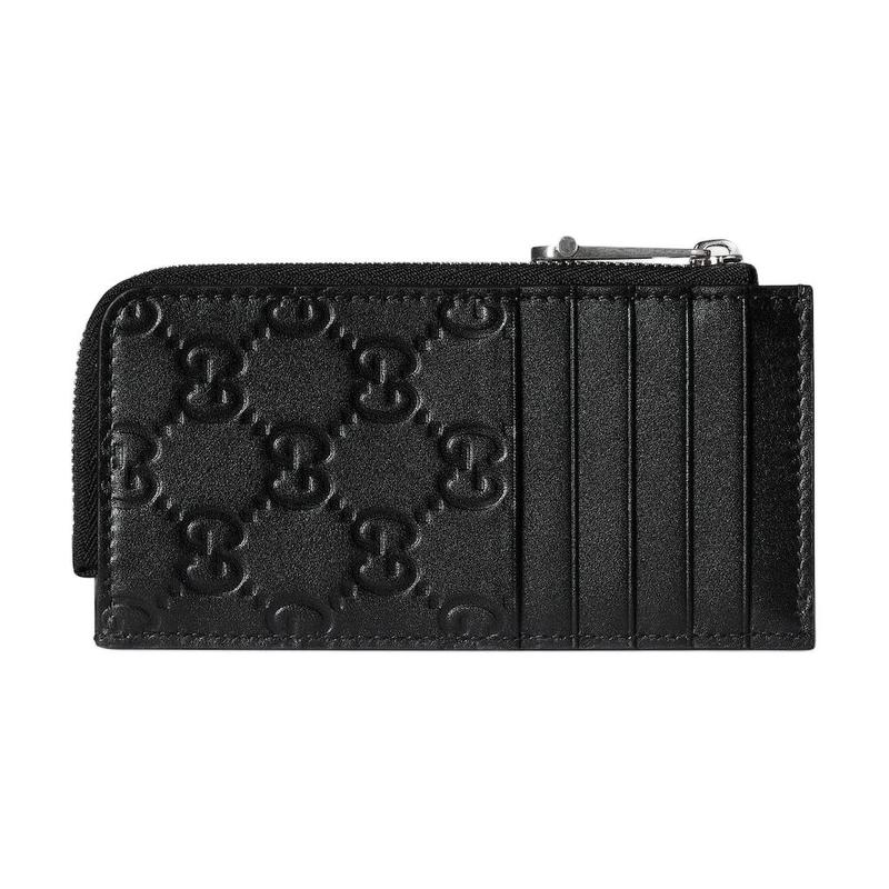 Gucci GG Emblem embossed distressed GG pattern zipper closure smooth leather card holder men's black