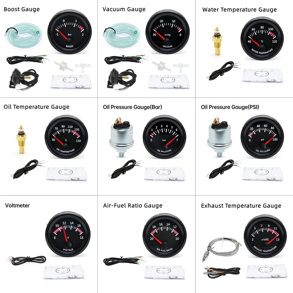 2 Inches 52mm 12V Car Gauge Water Temp Oil Temp Oil Press PSI/Bar Voltmeter Boost Gauge EGT Gauge With Sensor Fit for 12V Car