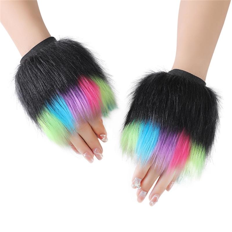 Fingerless Rainbow Fleece Gloves For Winter Soft Plush Warmth Unisex Design Colorful Bear Cosplay