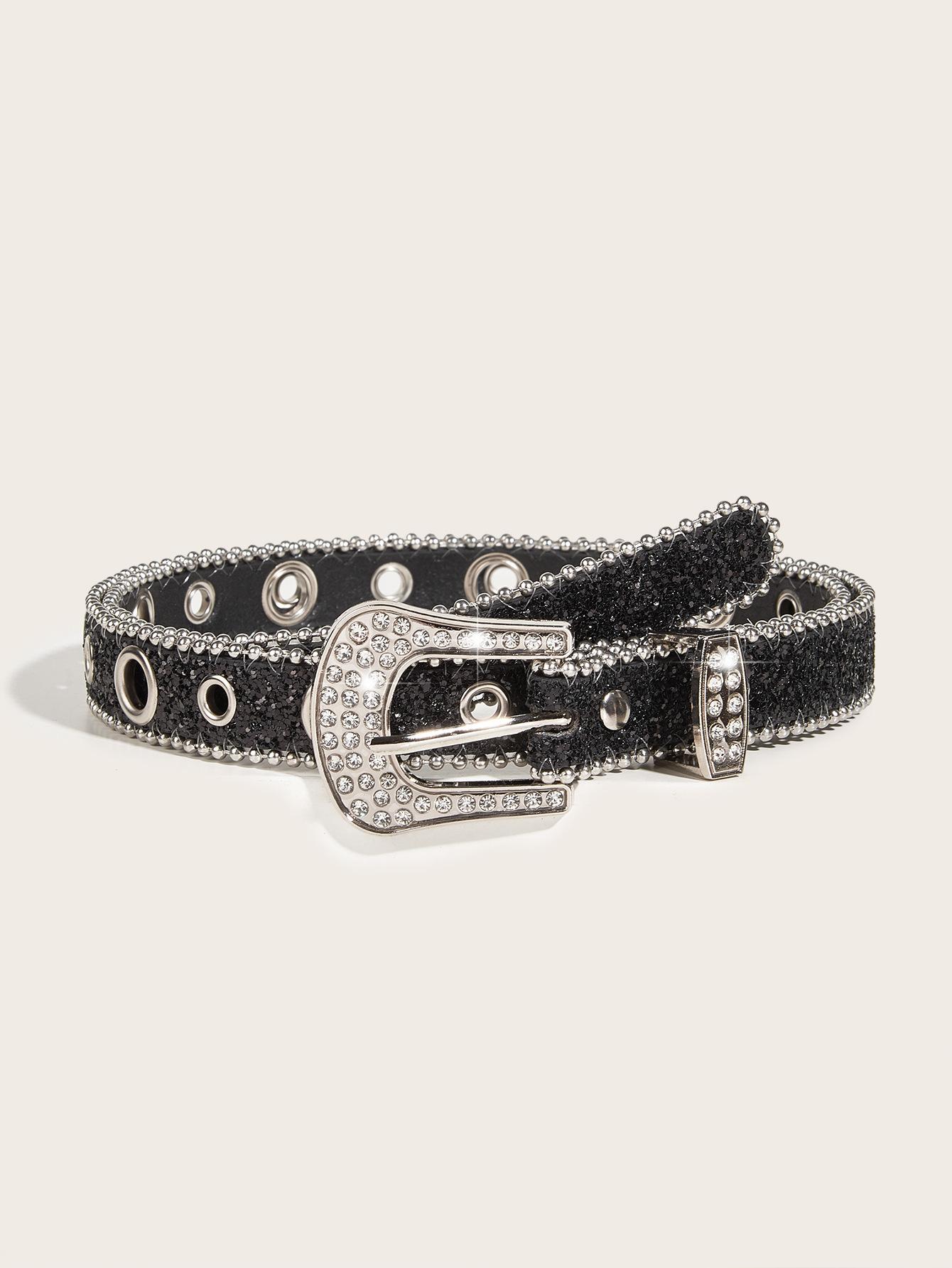 

Women Jeans Belt Shiny Rhinestones Multi Holes Adjustable Length Waistband with Sparkling Buckle Wide Alloy Belt EMA 2.3cm чорний
