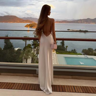 European and American Women's Clothing Summer New Sexy Backless V-neck Slim-fitting Split-fork Long Suspender Dress