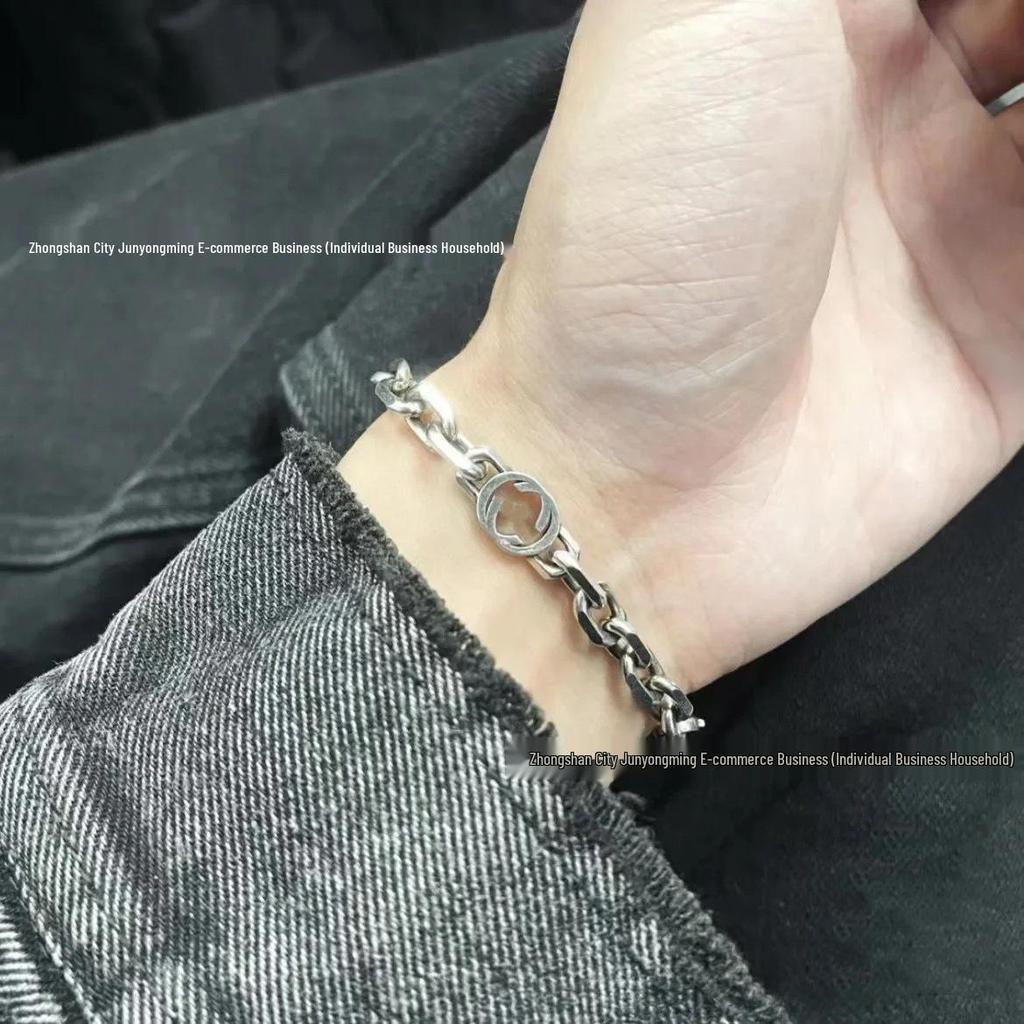 Vintage White Gold Double G Interlocking Bracelet - Women’s Fashionable Cuban Chain Bangle