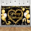 Happy Birthday Backdrop Black Gold Balloons Champagne Birthday Party Decor Photography Background Banner for Men Women