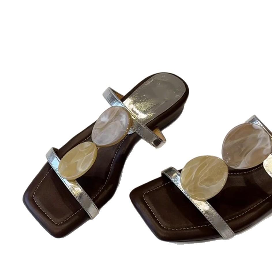 Soft Leather Version~ Niche French One-word Cool Slippers Women's Open-toed Square Head Temperament Roman Shoes Flat Beach Shoes