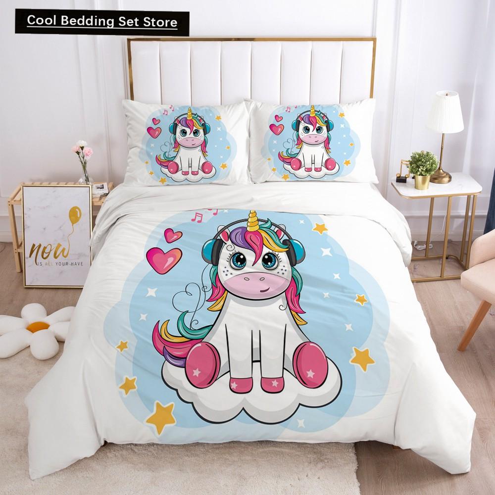 Children Kids Baby Pink Bedding Set Queen King Cartoon Unicorn White Duvet Cover Twin Full Colorful 2/3pcs Polyester Quilt Cover