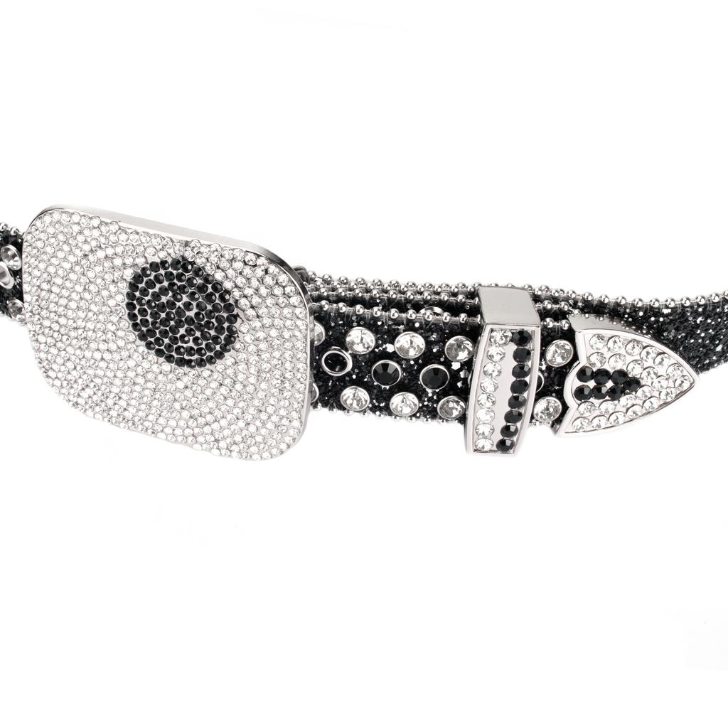 Sundo Black Silver Rhinestone Studded Western Alloy Square Buckle Full Crystal Bling PU Leather Belt Y2K Designer Style
