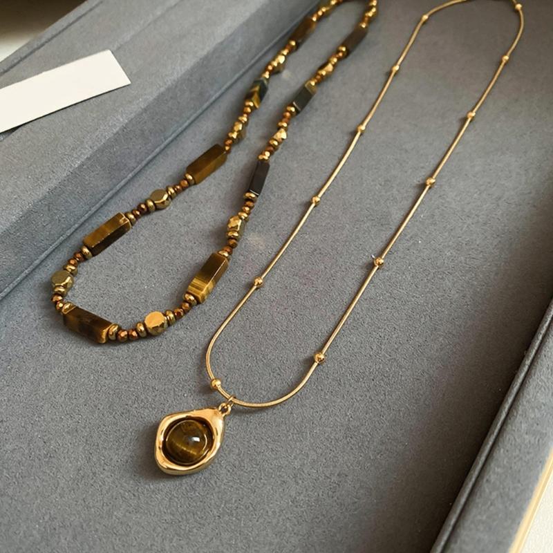 Vintage Inspire Necklace Decoration for Women with Tigers Eye Stone Pendant and Double Layer Chain Stylish Outfits