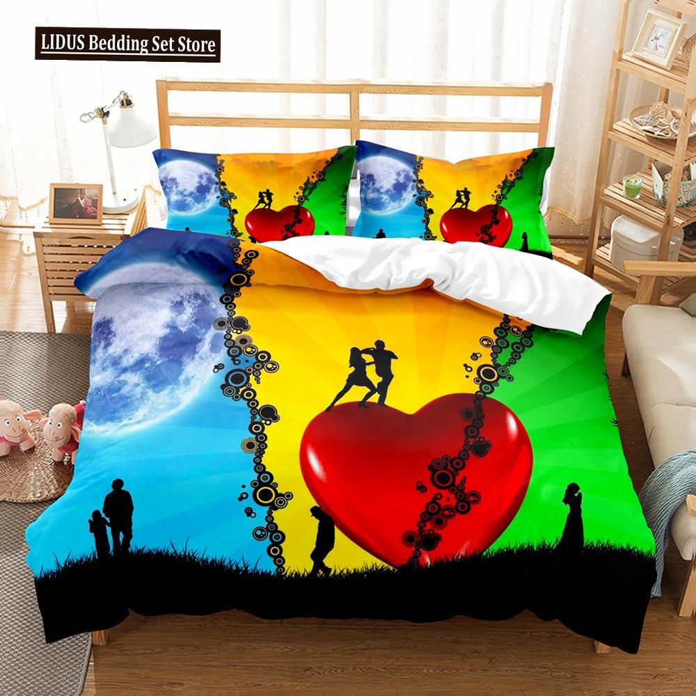 Love Duvet Cover Set Couple Hug Romantic Theme Tree Heart Shaped Polyester Comforter Cover King Full Size For Lover Bedding Set