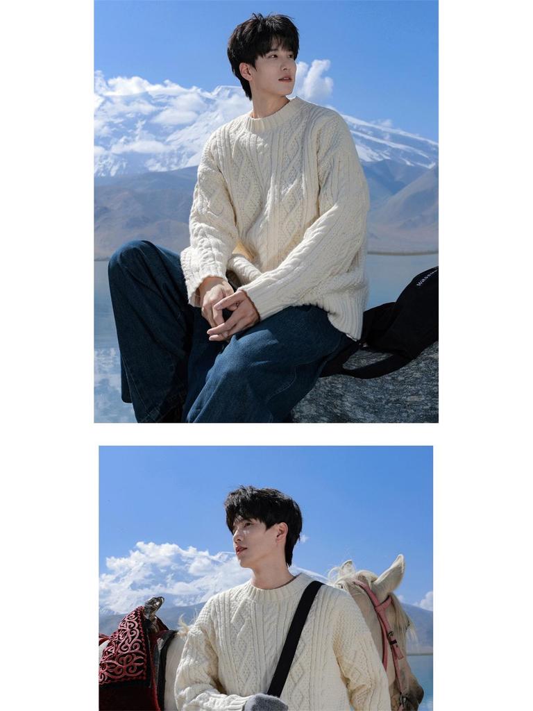 Men's Japanese Retro Hong Kong Literary Knit Sweater - Twisted Pattern, Round Neck, Autumn Casual