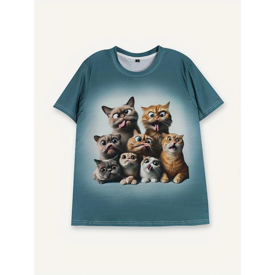 Żywy zabawny T-shirt z grafiką kota - Miękki ombre dekolt załogowy, Krótki rękaw, Letni niezbędnik, Damska odzież codzienna, Idealny dla miłośników kotów