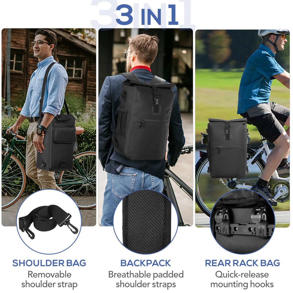 3 In 1 Waterproof Bike Pannier Bicycle Rear Rack Bag Backpack Shoulder Bag Outdoor Cycle Commuting Bag Pack with Laptop