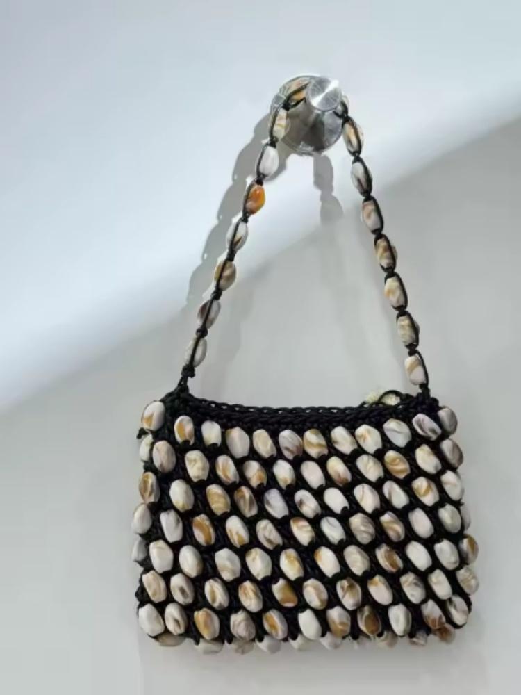 French Woven Bucket Bag Handmade Bead Bag Fashionable Stone Handheld Wrist Style Handbag Women's Square Shape Underarm Bag