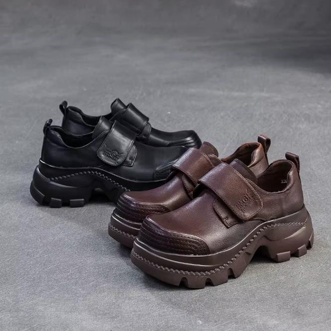 Johnature Chaussures Rétro à Bout Rond et Semelles Épaisses en Cuir Véritable Décontractées à Crochets et Boucles Chaussures à Plateforme pour Femmes