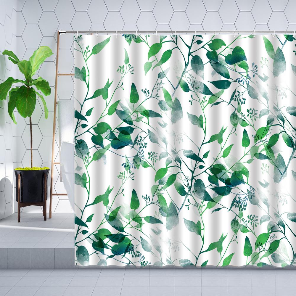 Leaves Shower Curtain Watercolor Tree Branch Leaf Vine Plant Bath Curtain Modern Fabric Nordic Bathroom Decor