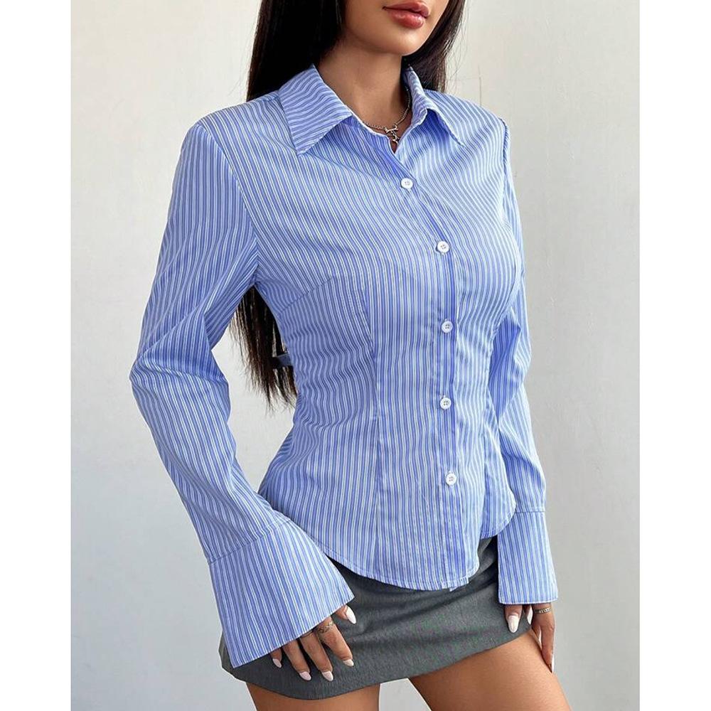 Simple Waist Design Striped Long Sleeve Casual Shirt