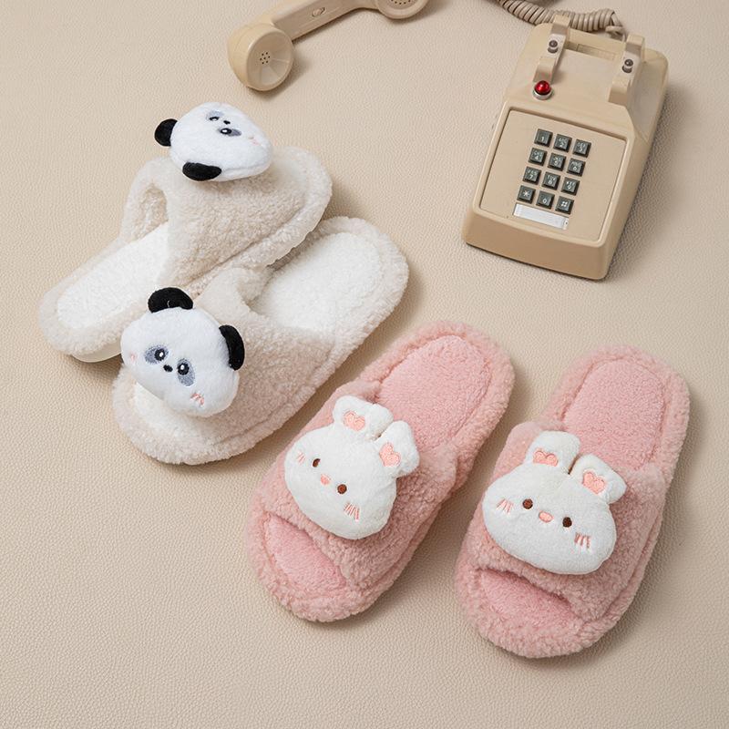 Cartoon open cotton slippers ins home contrasting colors less cute plush slippers