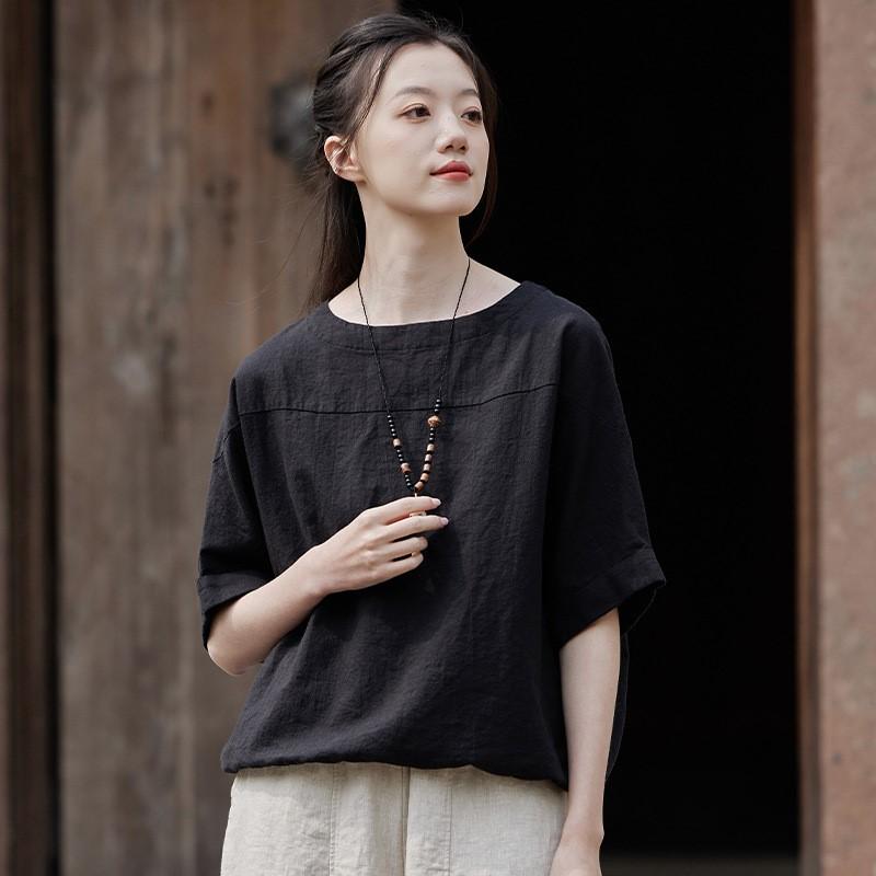 Johnature Women Casual Linen T-Shirts Summer O-Neck Short Sleeve Tees Solid Color Loose Women T-Shirts