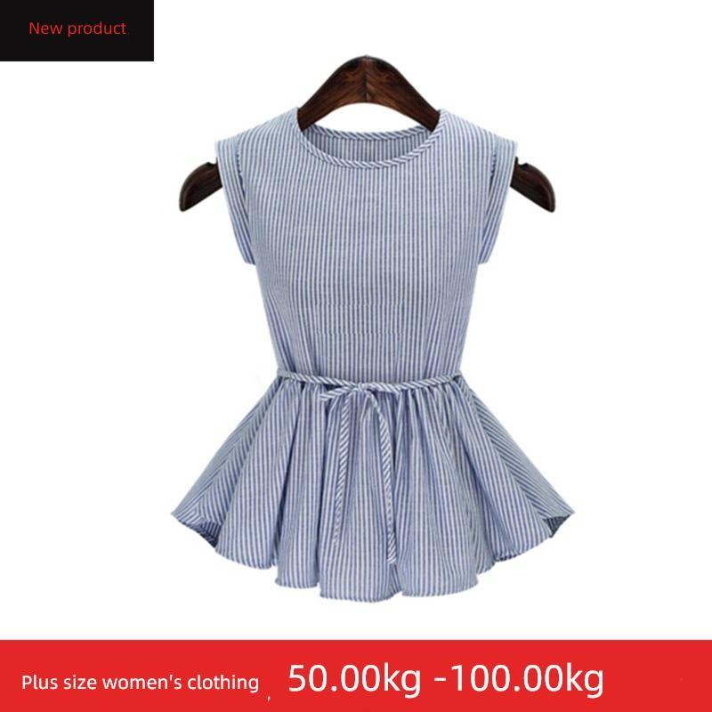 

Loose Vertical Stripes Ruffles Hem Sleeveless T-shirt Blue XXXXXL