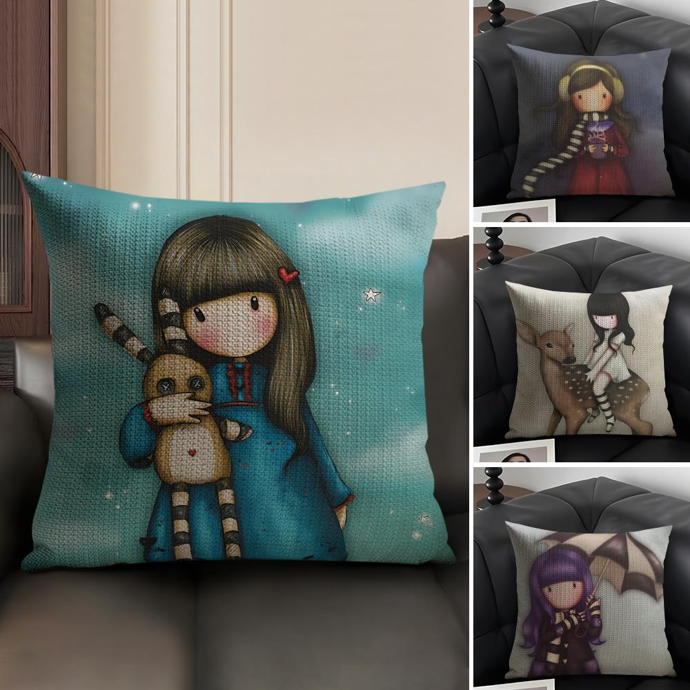 S-Santoro G-Gorjuss Cartoon Cushion Cover Natural Linen Organic Fabric Double-Sided Printing Sofa Home Decor Gift Pillow Case