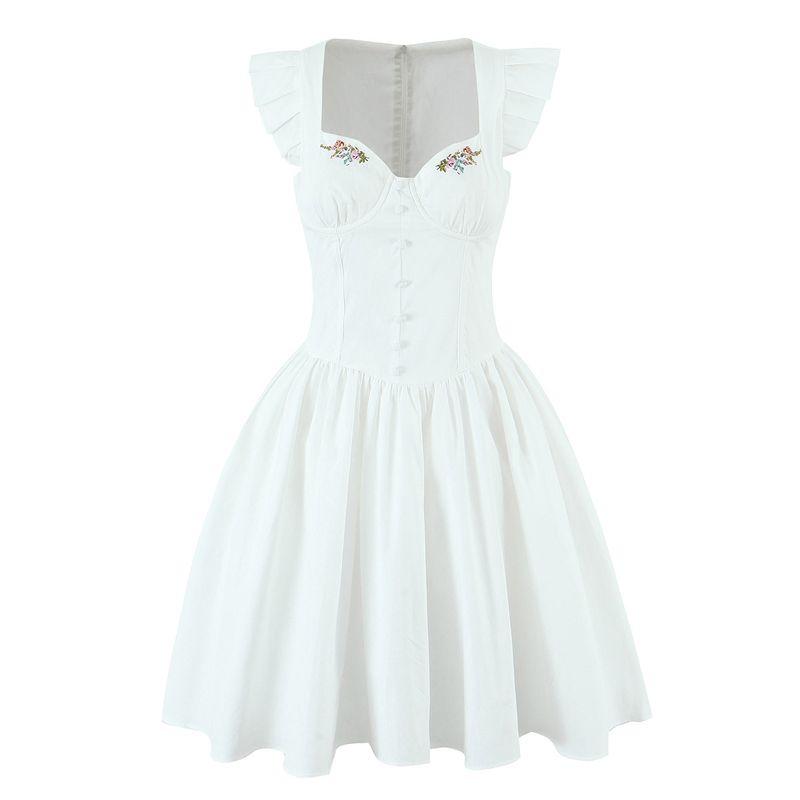 

Sweet Dream Secret House Same Style French style First Love Sweet Little Flying Sleeve Embroidered Waist Hugging Slimming Temperament Dress White (Fishbone) skirt with yarn L