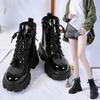 Round Toe Med Heel Boots Women Shoes Autumn Boots-women Booties Ladies Lace Up Luxury Designer Lolita Black 2025 Rubber Flat