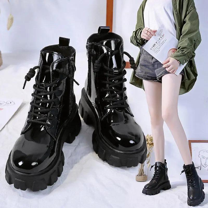 Round Toe Med Heel Boots Women Shoes Autumn Boots-women Booties Ladies Lace Up Luxury Designer Lolita Black 2025 Rubber Flat